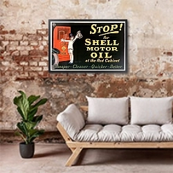«Stop! for Shell motor oil at the Red Cabinet» в интерьере гостиной в стиле лофт над диваном