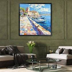 «Antibes promenade» в интерьере гостиной в оливковых тонах