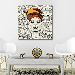 «Узор с африканкой в тюрбане» в интерьере гостиной в этническом стиле над столом