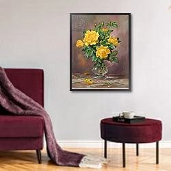 «AB/303 Radiant Yellow Roses» в интерьере гостиной в бордовых тонах
