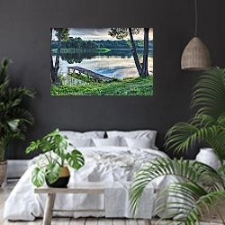 «Озеро на рассвете» в интерьере современной спальни с черными стенами