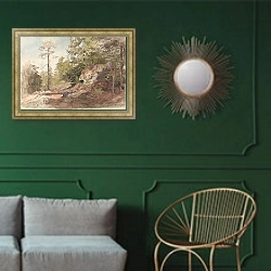 «Лесной массив, Сарабраатен» в интерьере классической гостиной с зеленой стеной над диваном