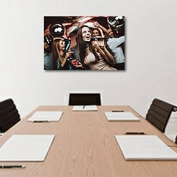 «Sing and Drink. Karaoke Club. Beautiful Girls. Handsome Men. Trendy Nightclub. Have Fun. Background. Cheerful. Smiling Girl. Singing Songs. Friends at Karaoke Club. Celebration.» в интерьере офиса над переговорным столом