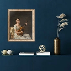 «Portrait Of A Lady, Seated In An Interior, wearing a White Dress And Playing The Guitar» в интерьере в классическом стиле в синих тонах