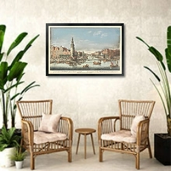 «A View of part of Amsterdam from the Harbour Y, Shewing the Herring Packers Tower, the Sluice of Haarlem, & the New Fishmarket» в интерьере комнаты в стиле ретро с плетеными креслами