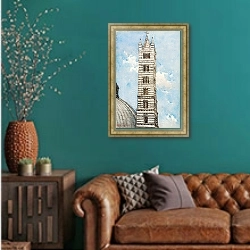 «Cathedral Tower, Siena» в интерьере гостиной с зеленой стеной над диваном