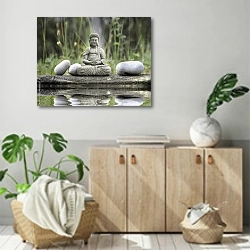 «Статуэтка будды на берегу ручья 3» в интерьере современной комнаты над комодом