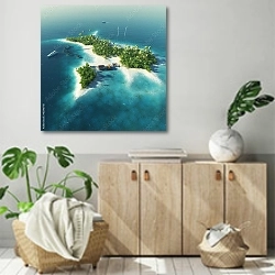 «Райский тропический остров с яхтой» в интерьере современной комнаты над комодом