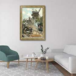 «Мельница для пирожков» в интерьере гостиной в скандинавском стиле с зеленым креслом