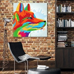 «Цветной лис, портрет» в интерьере кабинета в стиле лофт с кирпичными стенами