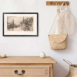 «Stadsgezicht met gracht en toren» в интерьере в стиле ретро над комодом