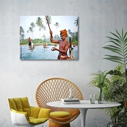 «Рыбаки на Шри-Ланке» в интерьере современной гостиной с желтым креслом