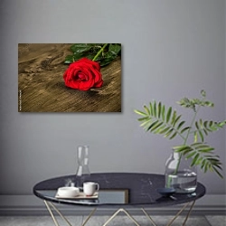 «Красная роза на деревянной поверхности» в интерьере современной гостиной в серых тонах