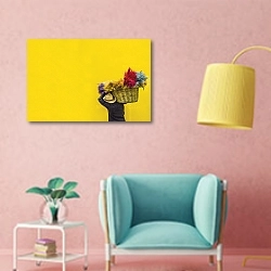 «Носильщик с разноцветными травами на желтом» в интерьере комнаты в стиле поп-арт с розовыми стенами