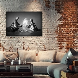 «Сражение бегемотов» в интерьере гостиной в стиле лофт с кирпичной стеной