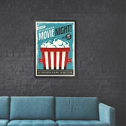 «Ночь кино, винтажный плакат для кинотеатра» в интерьере в стиле лофт с черной кирпичной стеной