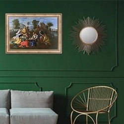 «В поисках Моисея 2» в интерьере классической гостиной с зеленой стеной над диваном