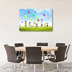 «Играющие дети ловят воздушные шары» в интерьере конференц-зала с круглым столом