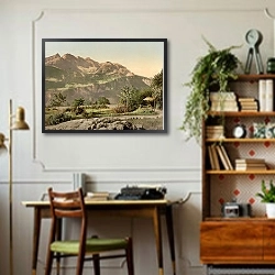 «Швейцария. Живописный вид на горы» в интерьере кабинета в стиле ретро над столом