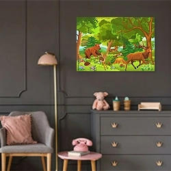 «Дикие животные в лесу» в интерьере детской комнаты для девочки в серых тонах