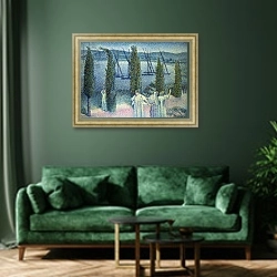 «Coastal View with Cypress Trees, 1896» в интерьере зеленой гостиной над диваном