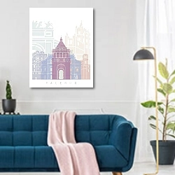 «Палермо: Небо над Сицилийской столицей» в интерьере современной гостиной над синим диваном