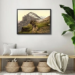 «Швейцария. Перевал Гемми, горный массив Даубенхорн» в интерьере комнаты в стиле ретро с плетеными корзинами