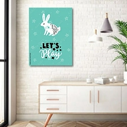 «Скандинавская детская открытка с зайцем» в интерьере комнаты в скандинавском стиле над тумбой