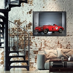 «Ferrari 166 MM Spider Scaglietti '1953» в интерьере двухярусной гостиной в стиле лофт с кирпичной стеной