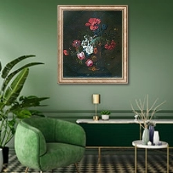 «Цветы в каменной вазе» в интерьере гостиной в зеленых тонах