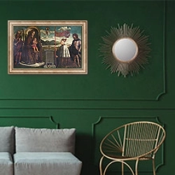 «Дева Мария с младенцем и Святыми» в интерьере классической гостиной с зеленой стеной над диваном