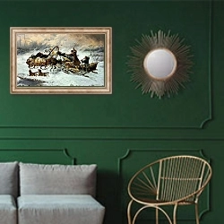 «The Chase 1» в интерьере классической гостиной с зеленой стеной над диваном