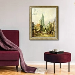 «A View of Antwerp, 1870» в интерьере гостиной в бордовых тонах