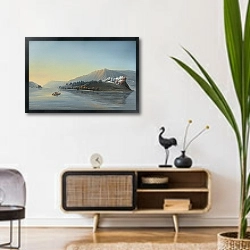 «Vue de l’Isle de St. Pierre sur le Lac de Bienne» в интерьере комнаты в стиле ретро над тумбой