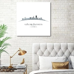 «Сан-Франциско: Силуэты моста и небоскрёбов на фоне белого горизонта» в интерьере современной спальни в белом цвете с золотыми деталями
