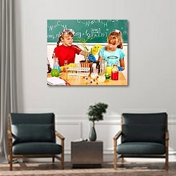 «Урок биологии в школе» в интерьере офиса над креслами для гостей