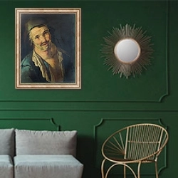 «Голова мужчины в голубом» в интерьере классической гостиной с зеленой стеной над диваном