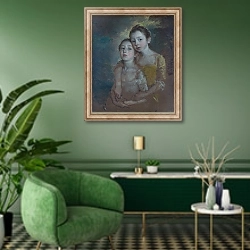 «Дочери художника с кошкой» в интерьере гостиной в зеленых тонах
