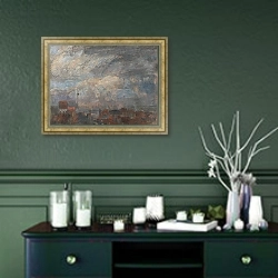 «Крыши Остенде» в интерьере прихожей в зеленых тонах над комодом