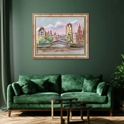 «Путешествие по Москве-реке» в интерьере зеленой гостиной над диваном