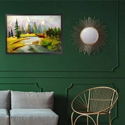 «Река в горах» в интерьере классической гостиной с зеленой стеной над диваном