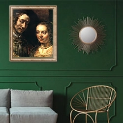 «Еврейская невеста. Фрагмент» в интерьере классической гостиной с зеленой стеной над диваном