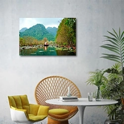 «Лодочник на реке с кувшинками, Ханой, Вьетнам» в интерьере современной гостиной с желтым креслом