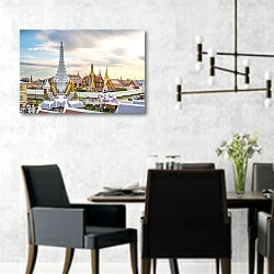 «Храмы Бангкока, Таиланд» в интерьере современной столовой с черными креслами