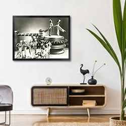 «Chorus girls dancing on machine part» в интерьере комнаты в стиле ретро над тумбой