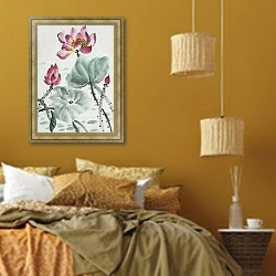 «the lotus symbol of eternity» в интерьере спальни  в этническом стиле в желтых тонах