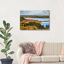 «Беларусь. Вечер в парке Браславские озёра » в интерьере современной светлой гостиной над диваном