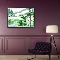 «Зимний пейзаж с видом на озеро и горы, отражающиеся в воде 1» в интерьере в классическом стиле в фиолетовых тонах