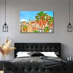 «Statue of Saint Rosalia near the Cathedral in Palermo, Italy» в интерьере современной спальни с черной кроватью