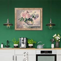 «Pivoines» в интерьере кухни с зелеными стенами